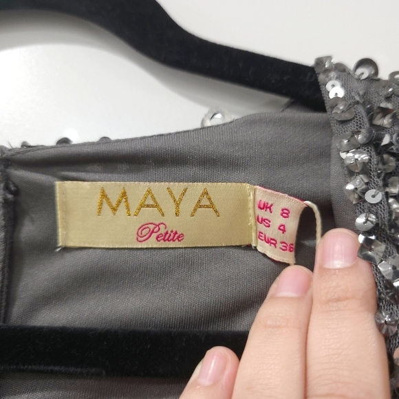 MAYA Embellished Beaded Long Sleeve Surplice Bridesmaid Mini Dress, Tulle Skirt - Picture 8 of 16